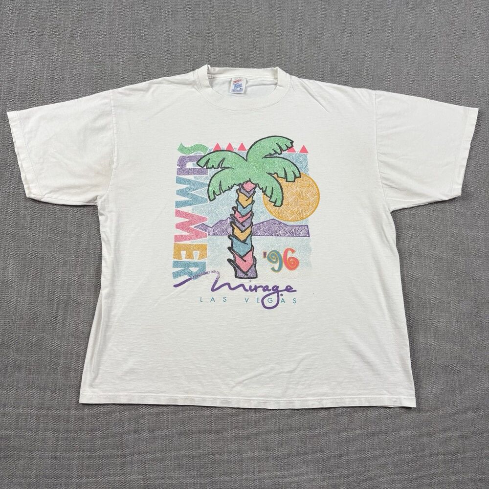 Vintage 96 Mirage Las Vegas T-Shirt XL White Summer Palm Tree Graphic Made USA - Picture 1 of 8